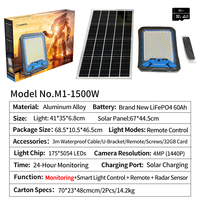 Projecteur de sécurité solaire 1500W IP66 avec caméra LED 4MP, contrôle WiFi et application, télécommande et capteur radar pour utilisation routière et extérieure