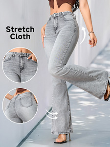 Fashion women's <b>elastic</b> micro flared <b>jeans</b> with high <b>waist</b> and comfortable gray flared pants wholesale - Product Image 3