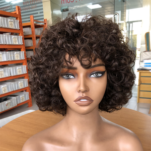 Parrucche di <span class=keywords><strong>Capelli</strong></span> Umani Ricci e Voluminosi <span class=keywords><strong>con</strong></span> <span class=keywords><strong>Frangia</strong></span>, Colore Marrone, <span class=keywords><strong>Capelli</strong></span> Remy, Ricci Fumi, Bob Corto, Ricci a Uovo, Parrucche Realizzate a Macchina per Donne - Product Image 1