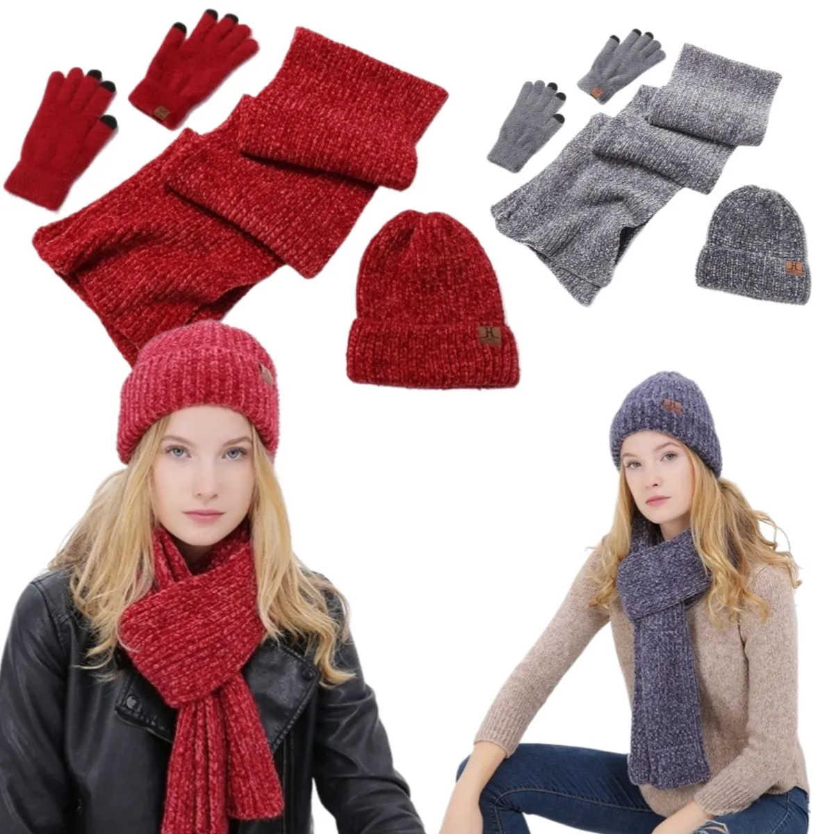 도매 패션 액세서리 겨울 모자 세련된 스카프 크리스마스 겨울 3 1 모자 스카프 장갑 재고 쌍