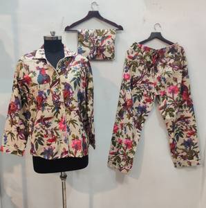 Conjunto floral de pijama de algodón hecho a mano cintura elástica botón más cerca cuello redondo bolsillo frontal térmico para Primavera/Verano/otoño ajuste - Product Image 3