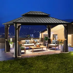 屋顶硬顶天篷窗帘铝框凉亭庭院花园金属不锈钢铝合金聚户外10*12英尺棕色