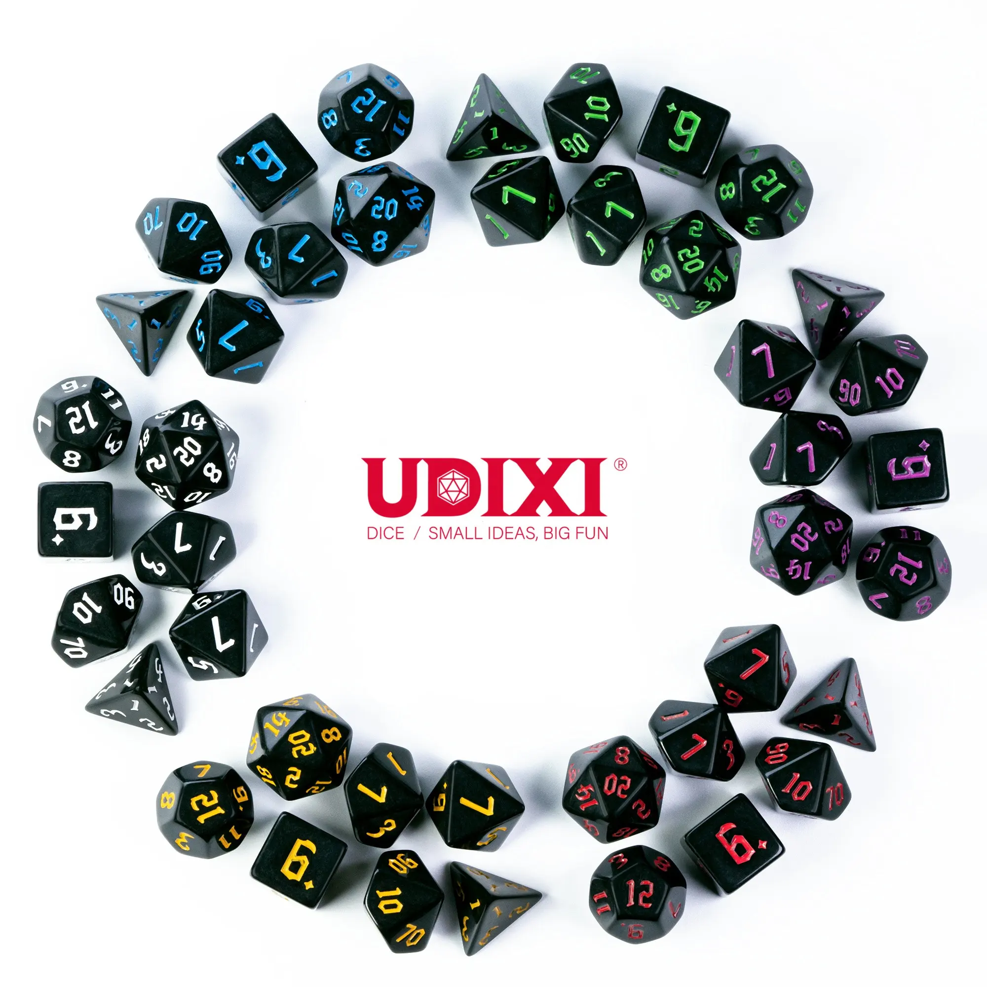 Udixi Plastic Polyhedral custom logo rpg dungeons and dragons black acrylic dice game set