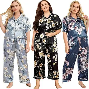 Nantex conjunto de pijama feminino, primavera e verão, plus size, de cetim, estampa floral, loungewear, seda, conjunto de pijama feminino