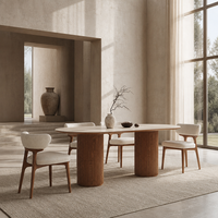 Ensemble de table à manger écologique avec plateau en pierre frittée, base en bois massif ovale, 6 places, mobilier de salle à manger moderne pour villa avec chaises