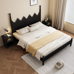 Hang Qian <b>Solid</b> <b>Wood</b> Bed 1.5M 1.8M Black Mid Century Modern Master Bedroom Furniture Double Bed - Product Image 2