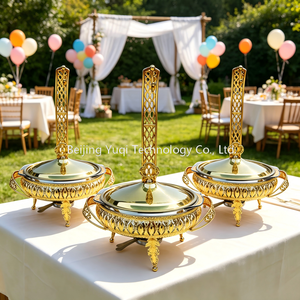 Plat <span class=keywords><strong>à</strong></span> chafing rond ornementé doré de 2 L pour événements VIP, cafés et mariages de luxe légers, chauffe-plats pour fruits et desserts - Product Image 1