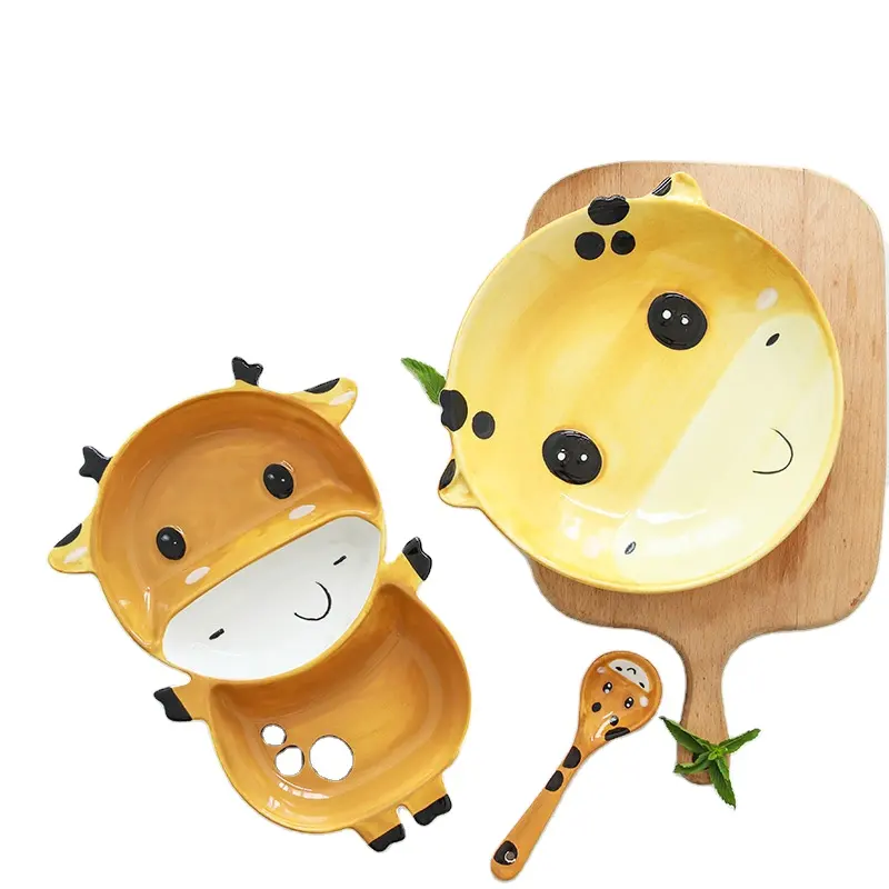 Joinste-assiette à dîner 3D en céramique de Style japonais Durable en forme d'animal, ensemble d'assiettes à dîner mignonnes de dessin animé pour enfants conception de vache