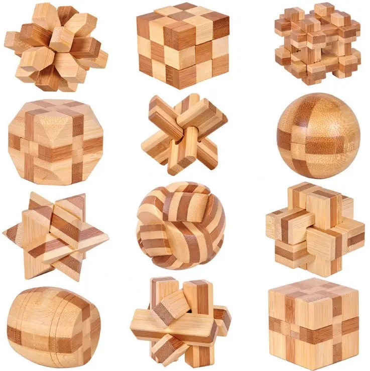Quebra-cabeças de bambu, brinquedos de inteligência, bloqueio de jupiter de bambu, bloqueio de barril, tecido de madeira