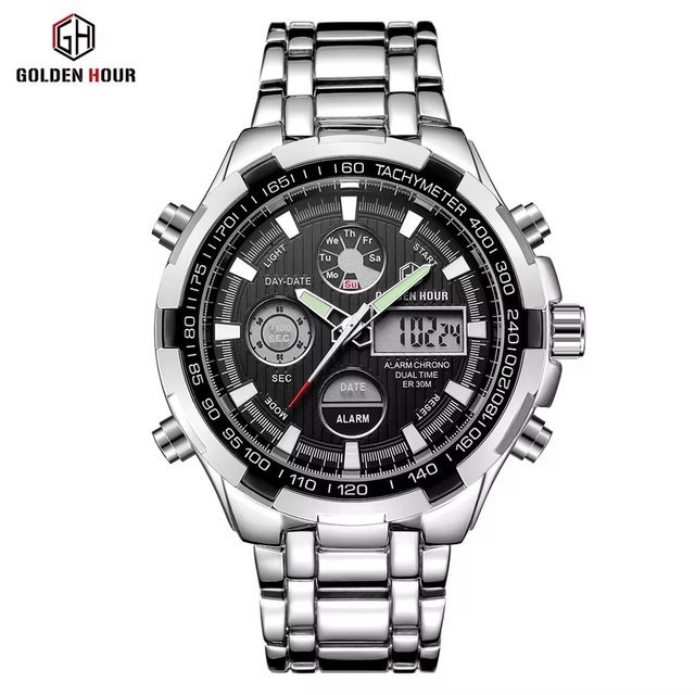 GoldenHour GH-108 Men Quartz Watch Luxury Stainless Steel Business Waterproof Men Watch