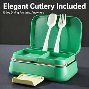 Microwave Safe 304 Stainless Steel Single Tier <b>Lunchbox</b> Bento Box 3 Compartments Foldable Heat Preservation Thermal Food - Product Image 2