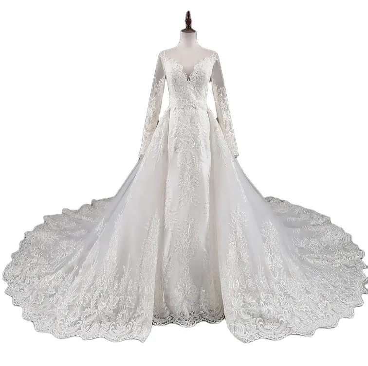Long Sleeve V-Neck Illusion Luxury Mermaid Wedding Dresses Lace Applique With Detachable Train Bridal Gown For Plus Size Women