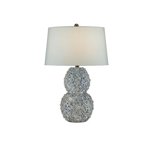 Blue & White 3D Floral Double Gourd Ceramic Modern Table Lamp | Artisan Luxury Lighting for Hotel Guest Room & Living Area - Product Image 1