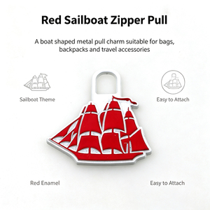 Tirette de fermeture éclair en forme de voilier rouge en alliage argenté pour sacs, sacs à dos, équipements de voyage et accessoires de mode - Product Image 1