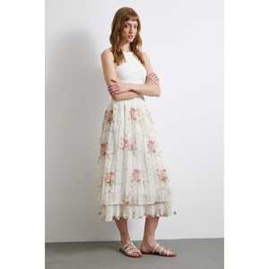 Falda Plisada con Volantes para Mujer, de Gasa, Cintura Elástica, Estampado Floral Suave, Color Crema, Largo Medio - Product Image 4