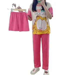 Women's 3 in1 Cartoons Pajamas New Cheap Short Sleeve Trouser Shorts 3PCS Set Sleepwear Korean Soft Home Nightwear Baju Tidur