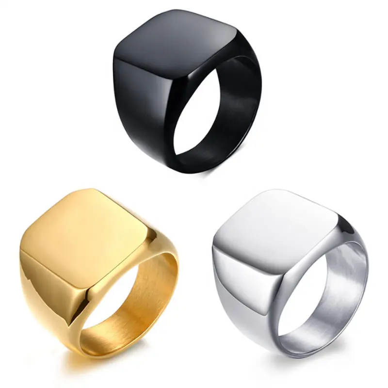 Großhandel Herren Edelstahl Schmuck Ringe Benutzer definierte Günstige Kuppel Quadrat Schwarz Silber 14 Karat 18 Karat vergoldet Blank Siegelring Für Männer