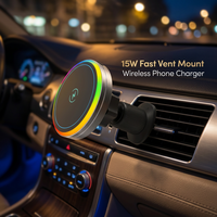 Chargeur de voiture sans fil universel 15W à charge rapide, lumière RGB, veilleuse, fixation magnétique puissante, installation sur grille d'aération, certifié ROHS