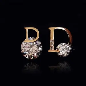 Shiny D Letter Design Rhinestone Decor Asymmetrical Stud Earrings Elegant Zircon Jewelry Accessories For Girls