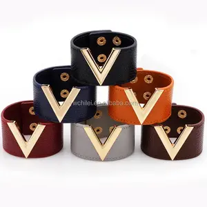 Leather V Word Wide Men's Cuff Bracelet