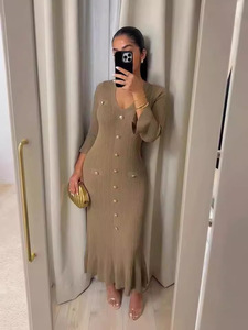 Bouton revers coupe ajustée tricoté femmes à manches longues col rabattu pull robe bouton côtes mince Ribeed élégant Maxi robe 2854 - Product Image 5