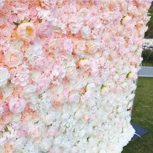 Fundo de parede artificial com flores 3D/5D personalizadas, flores vermelhas, verdes e brancas para decoração de casamento