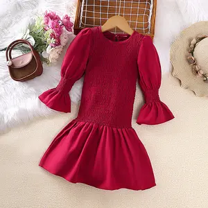 2024 Girls Long Sleeve Dress Casual Beautiful Fashion Smocked Red Color Baby Girl Casual Dresses Of Girls Clothing