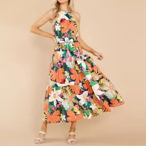 2024 Custom Hot Selling Women Summer Sundress Fashion Floral Print Casual With A Waist Sleeve Maxi Beach Dresses