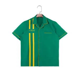 Chemises de travail personnalisées en coton lourd, broderie avec logo et bordure contrastées, chemises à col cubain et manches courtes pour hommes