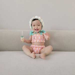 Комплект бикини для девочек в Корейском стиле с цветочным и фруктовым узором, купальник-тройка с вырезом на шее, 2 шт. - Product Image 4