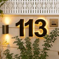 Plaque d'adresse LED rétroéclairée en métal, étanche IP65, personnalisée, moderne, pour portes, bars, hôpitaux, usage commercial, décoration solaire
