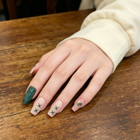 Faux ongles à presser longs, couleur vert foncé, bloc de couleurs, en ABS, couvrance totale, forme cercueil moyenne, réutilisables, 24 pièces, design pour doigts, vente en gros