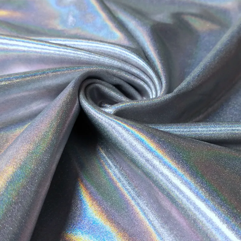 Polyester warp knitted tricolor holographic foil printed fabric for Beachwear, shiny elastic fabric, Lycra polyester fabric, lig