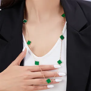 Rinhoo kalung liontin semanggi empat daun merah, Kalung trendi warna emas minyak Dril 72 + 5cm untuk wanita harian Choker Bijoux