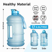 Bouteilles d'eau motivantes 2L en plastique pour le sport, sans BPA, avec paille et poignée