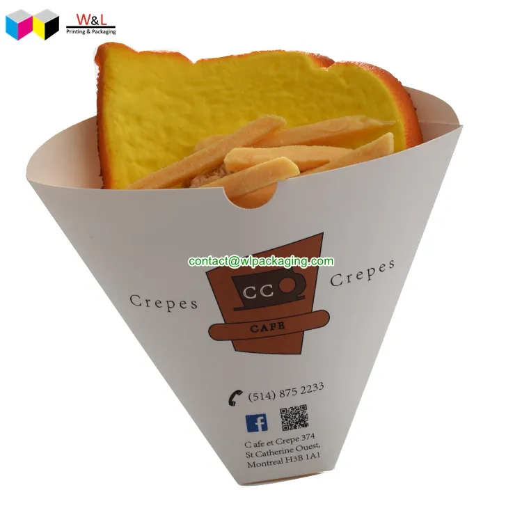 Caja de embalaje de crepes de papel con forma de cono de diseño personalizado de tamaño personalizado reciclable de grado alimenticio contenedor portador para alimentos