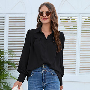 Áo sơ mi nữ mùa xuân thu, áo kiểu nữ, áo blouse nữ màu trơn tay dài cổ trụ, thời trang, áo sơ mi rộng rãi, phong cách thường ngày - Product Image 5
