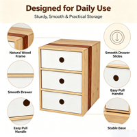 Armoire de rangement de bureau en bambou à 3 tiroirs |   Petite commode de rangement au design unique avec incrustations en noyer pour bureau, coiffeuse et chambre à coucher