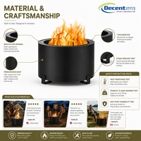 Perapian kayu bakar portabel bundar warna hitam matte untuk luar ruangan dengan tiga kaki logam berbentuk L, desain minimalis untuk teras.