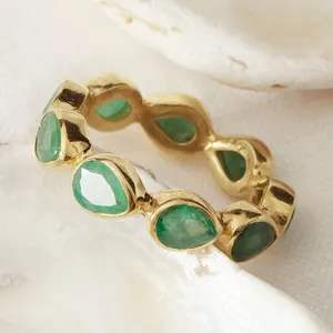 Teardrop Crystal Vintage Ring Emerald Teardrop Gold Plated Silver Eternity Ring 925