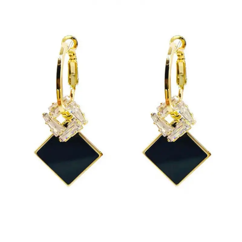 Hanpai New Design Women Black Square Earrings Geometric Shape Hoop Earrings Crystal Earrings