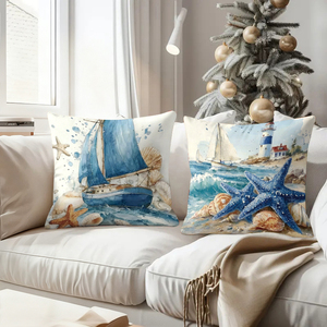 Kıyı ev dekorasyonu için yelkenli tekneler, deniz fenerleri ve deniz yıldızları içeren deniz temalı kırlentler - Product Image 4