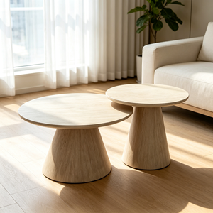 Ensemble de tables basses gigognes rondes en bois clair minimaliste avec piétement conique – Table d'appoint moderne pour salon et hôtel - Product Image 5