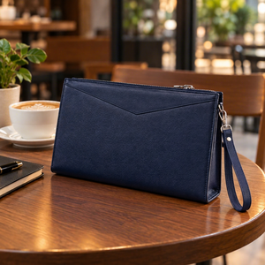 Pochette Homme Grande en Cuir Véritable Bleu Marine Imperméable avec Blocage RFID, Fermeture Éclair et Dragonne, Sac à Main Minimaliste Professionnel - Product Image 1