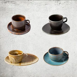 Wholesale supplies retro turkish style tea cups and saucers set cafe brown blue yellow black logo custom ceramic coffee cup