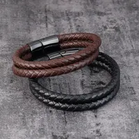 PVD Noir Fermoir Magnétique Double Couche Bracelet En Cuir Tressé Charms Bracelet En Cuir Véritable Main Bijoux Pour Hommes OT-098