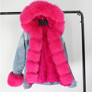 جاكيت فرو جينز كبير الحجم للنساء معاطف فرو ثعلب حقيقي مع ياقة فرو ثعلب طويلة قابلة للفصل جواكيت باركا من الدنيم الخريف للنساء - Product Image 3
