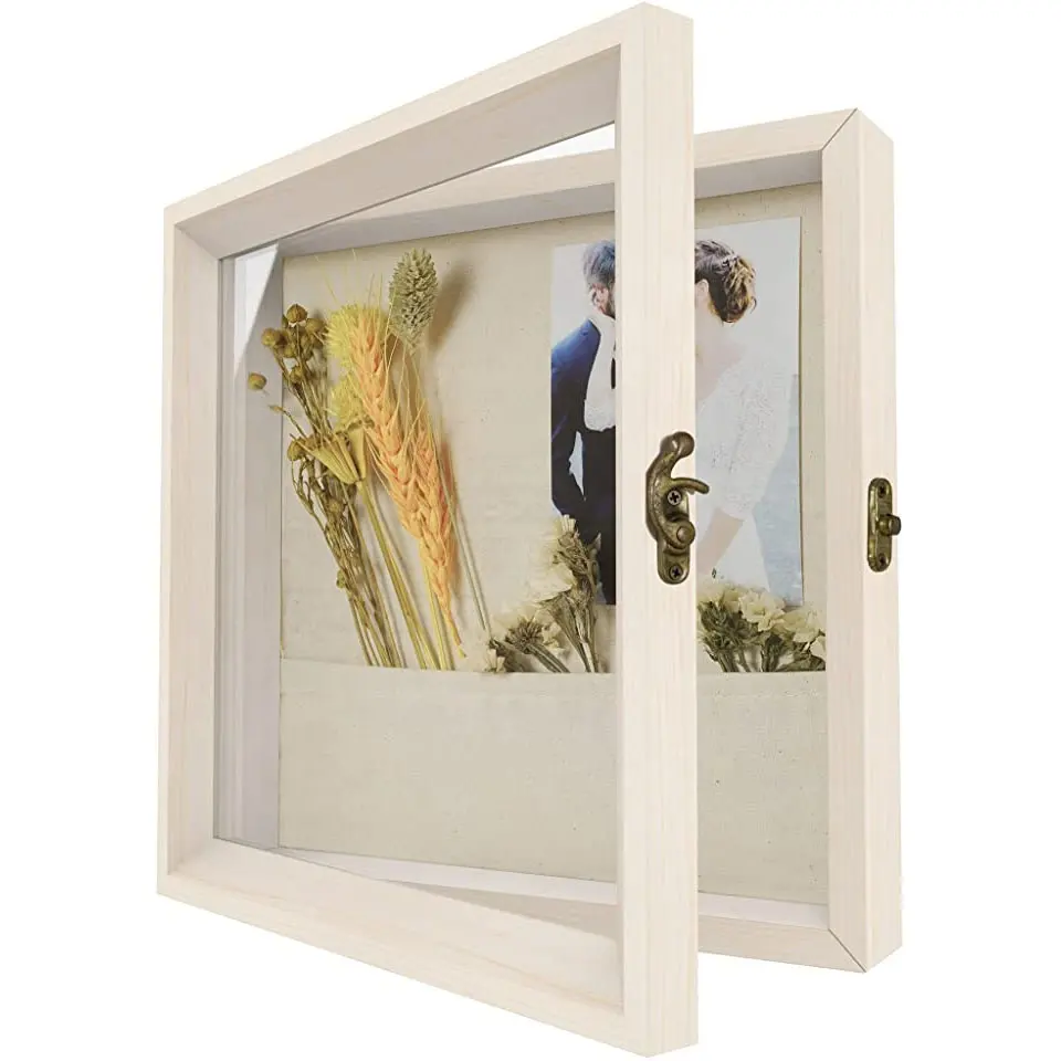 Vintage White Picture Frame with Linen Back Front Glass Door wood rustic shadow box