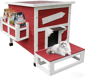 Casa para Gatos al Aire Libre, Caseta Grande para Gatos Silvestres, Refugio de Madera para Gatos al Aire Libre Resistente a la Intemperie con Puerta de Escape - Rojo - Product Image 1