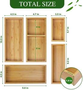 Bamboo Drawer Organizer <b>Set</b> of 5 Wooden Storage <b>Boxes</b> Drawer Divider Organizer Kitchen Desk Cosmetic Jewelry - Product Image 3